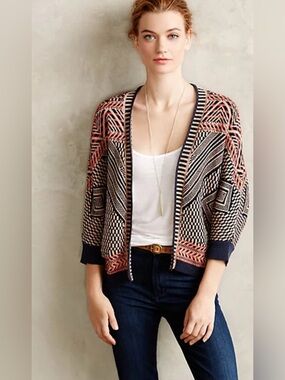 Anthropologie Moth Boho Cardigan Open Front Medium Jacquard Geometric